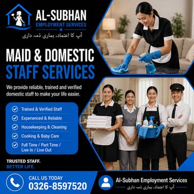 Maids / House Maids / cook / House chef / Baby Sitter maid available