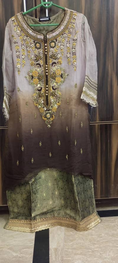 chiffon tail shirt n silk sharara with net dupatta