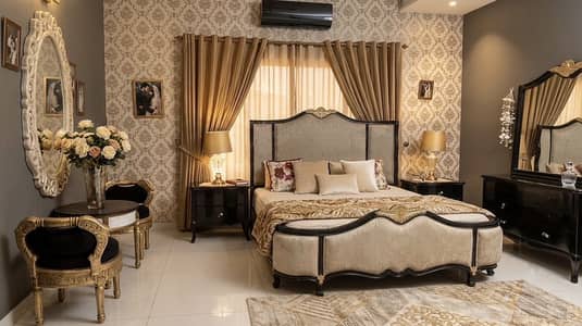 Wooden bed side tables and dresser without mattress