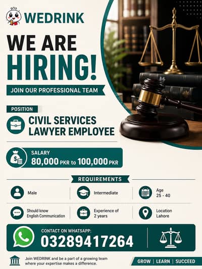 WEDRINK Hiring – Civil Services Lawyer Employee (Lahore)