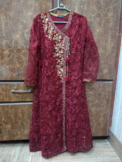 3piece ready to wear maroon net festive cloth