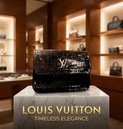 Louise Vuitton black crocodile embossed handbag with gold logo