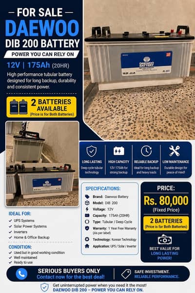 Daewoo DIB 200 12V 175AH Tubular Deep cycle Batteries for  sale.