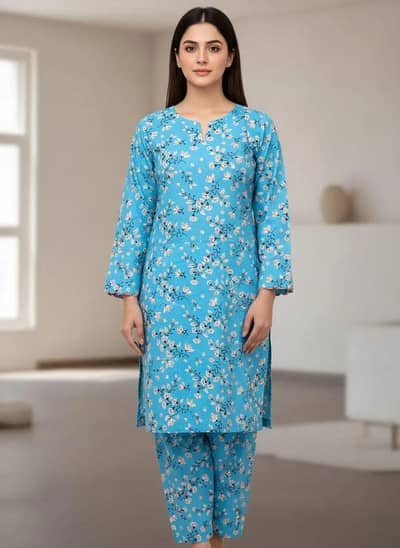 Blue Printed 2 Pcs Women's Unstitched Suit