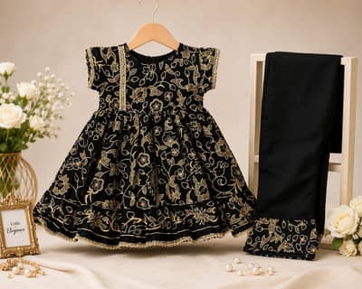 Elegant Black & Gold Embroidered Party Wear Dress for Baby Girls