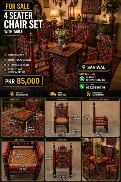 Traditional Handcrafted 4-Seater Chair Set with Table