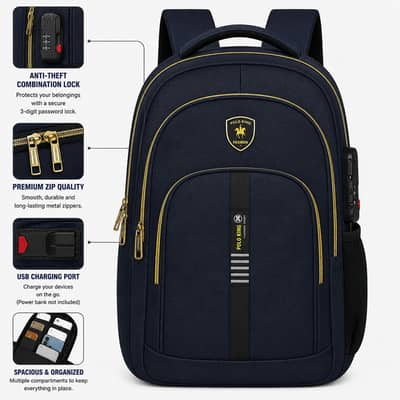 Anti-Theft Laptop Backpack USB Charging Port Combination Lock – Navy