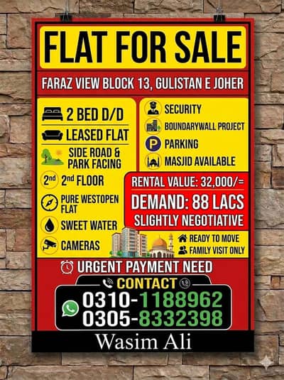 2 bed D D flat for sale road & park facing Blk 13 Joher Dem 88 Lacs