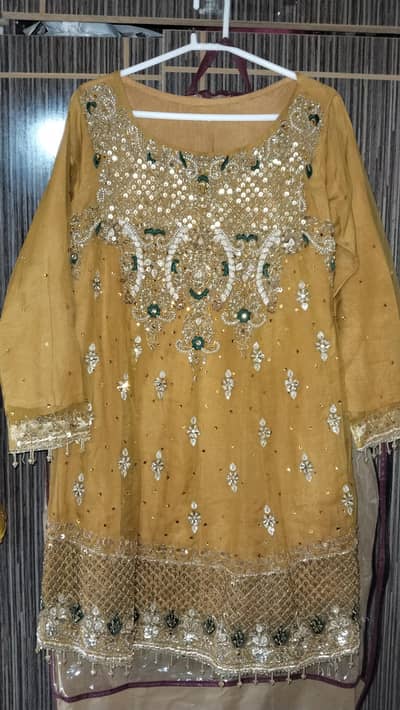 Mustard olive green combo fancy embroidered dress