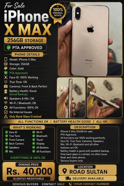 iPhone X Max 256GB PTA Approved | All Functions OK | Rs. 40,000 Final