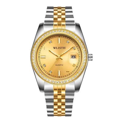 Men's Gold Steel Band Quartz Watch with Date Display