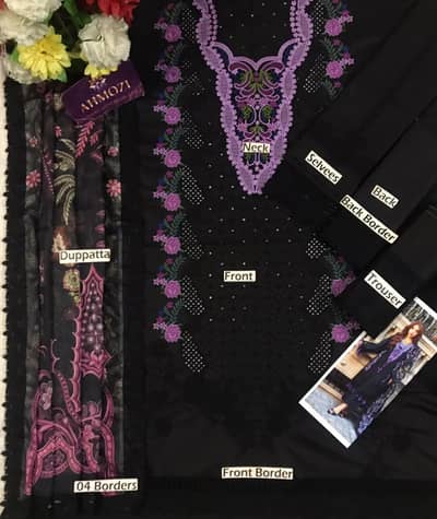 3pc Black Lawn Suit Heavy Embroidered Silk Dupatta