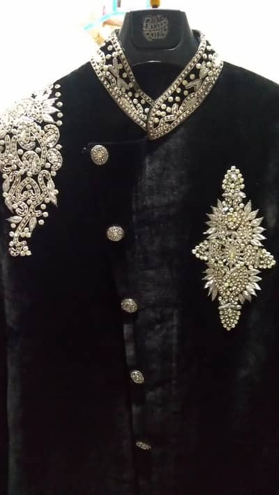 Jet Black Velvet Sherwani, Red embroidery Turban and Khussa for Dulha