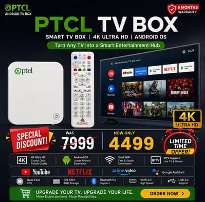 UNLOCKED PTCL Smart TV Box YouTube Netflix , Remote + HDMI + Adapter