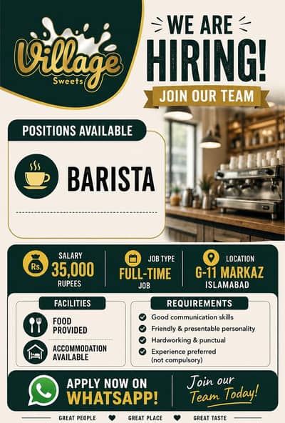 Barista for coffee making Staff Required | Food and Residence Provide