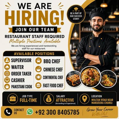 Restaurant Staff Required – Waiter, Order Taker, Cashier – In Lahore