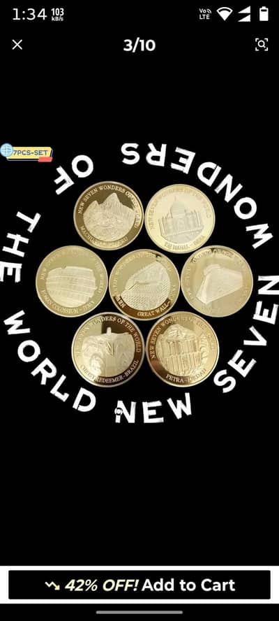 7pcs world Seven Wonders Commemorative Coins, Collectable Coins Set