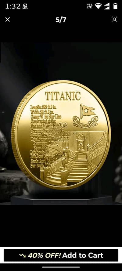 Titanic The Largest Cruise Queen Ship Coin Gold Plated Colectable Coin