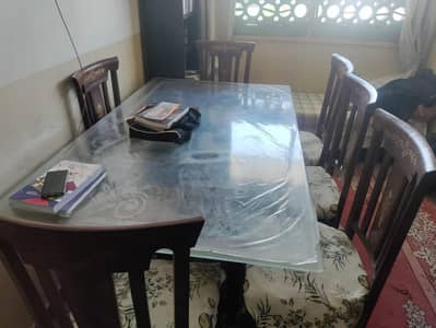 6 Seater Wooden Dining Table with Glass Top – 6 Cushioned Chairs