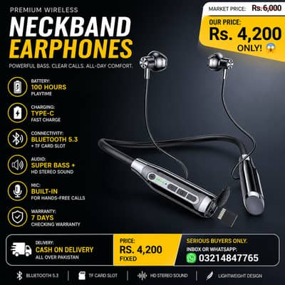 Wireless Bluetooth Neckband Earphones | 100 Hours Battery | Bluetooth