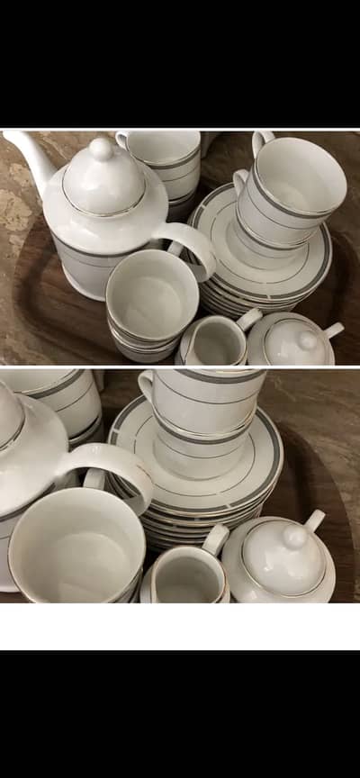 A grey coloured tea set to be sold