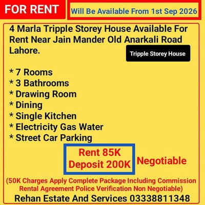 4 Marla Tripple Storey House For Rent Near Jane Mander Old Anarkali
