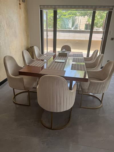 Premium 8-Seater Dining Set – Modern Velvet Chairs & Solid Wood Table