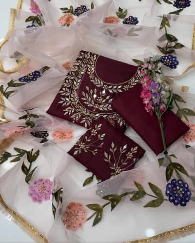 Maroon katan silk 3-piece suit with mirror work & organza duppta