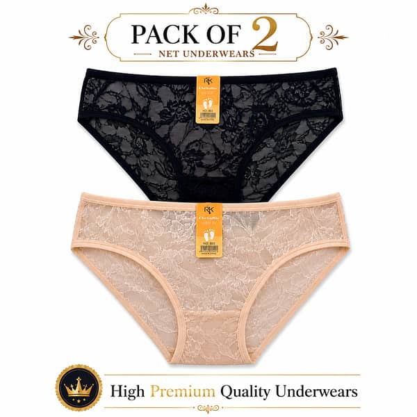 Pack of 2 Women's Premium Net Lace Underwears: Soft Mesh Panties in Black & Skin