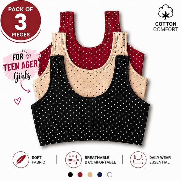 Pack of 3 Teen Girls Cotton Blouse Soft Stretchable Breathable Comfortable Daily Wear Inner Blouse Random Blouse For Girls