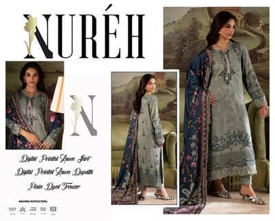nureh digital printed lawn suit grey navy 3 pc