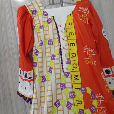 Trendy Board-Game Print 2-Piece Lawn Suit with Designer White Pant