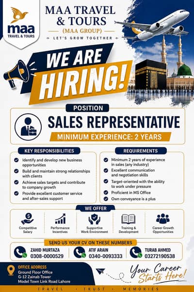  Sales Representative Required | MAA Travel & Tours | Minimum 2 Yea