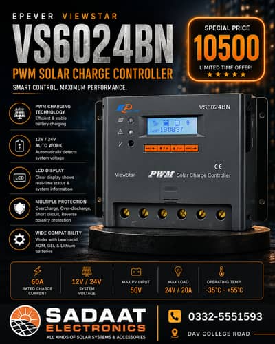 EPEVER ViewStar VS6024BN 60A PWM Solar Charge Controller 12V/24V