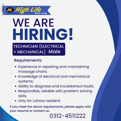 We are looking for a skilled Technician (Electrical + Mechanical) Male