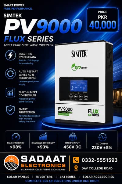 SIMTEK PV9000 FLUX Series MPPT Solar Inverter–Pure Sine Wave–Original