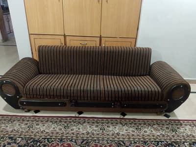 "Sofa Bed (3-Seater) – Brown Striped, Solid Wood Base – Sofa cum Bed"