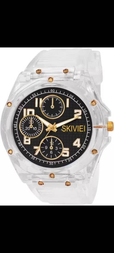 Transparent analog Watch for boys with Gold accents and Black Diall