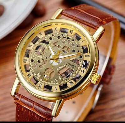 Men's Gold Leather Watch With Roman Dial 