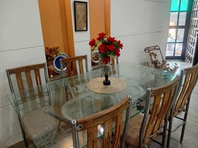 6-Seater Glass Top Dining Table Set with Metal and Wooden Chairs