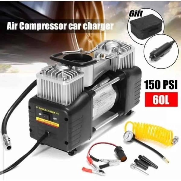CAR PORTABLE DUAL 2 CYLINDER HEAVY DUTY AIR COMPRESSOR TYRE INFLATOR AIR PUMP QUICK BEST RESULT