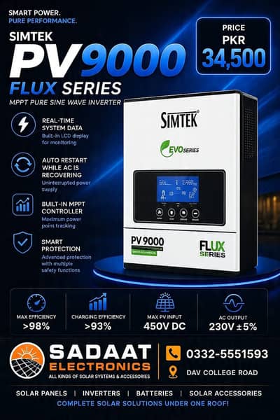 SIMTEK PV9000 FLUX Series MPPT Solar Inverter–Pure Sine Wave–Original