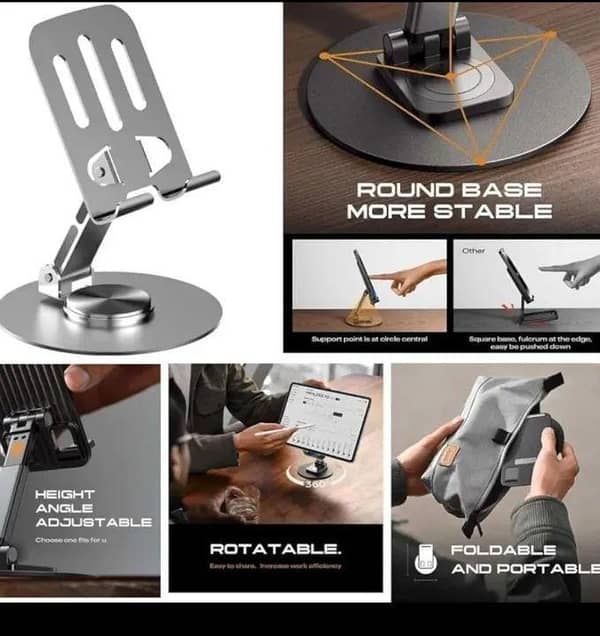 CAR UNIVERSAL DASHBOARD MOBILE HOLDER METAL MATERIAL TABLE MOBILE HOLDER ROTATABLE FOLDABLE TABLETOP MOBILE STAND WITH STABLE ROUND METALIC BASE MULTIPLE ADJUSTMENT OF HEIGHT AND ANGLE