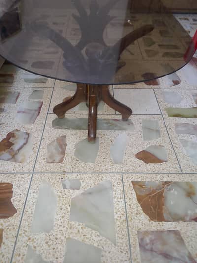 Glass Top Wooden Dining Table (Stylish Base – Good Condition)
