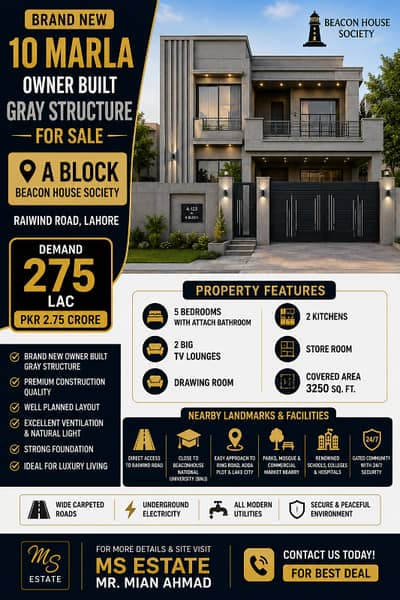 10 Marla Brand New Owner Built Grey Structure House for Sale in A Block Beacon House Society, Raiwind Road Lahore
