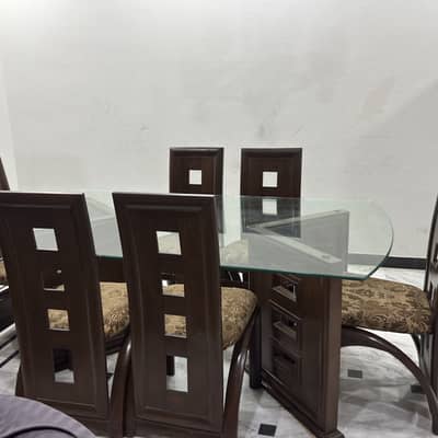 Solid wood dining table with glass top 12mm and 6 chairs