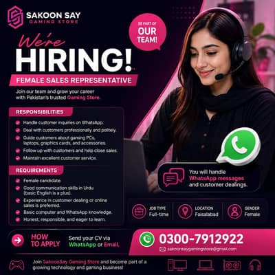 We are looking for a Female Sales Representative to join our team