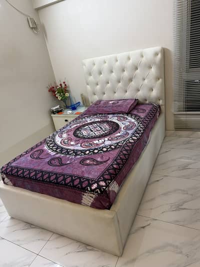 Single Bed with Side Table - White Velvet - Excellent Condition