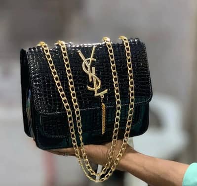 Black Croc Leather Handbag with Gold Chain Strap