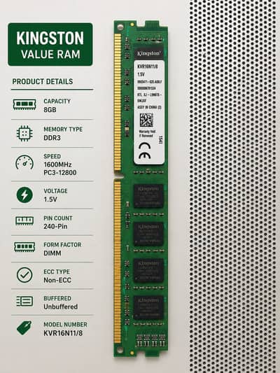 Kingston 8GB DDR3 1600MHz PC3-12800 Desktop RAM 240-Pin UDIMM
